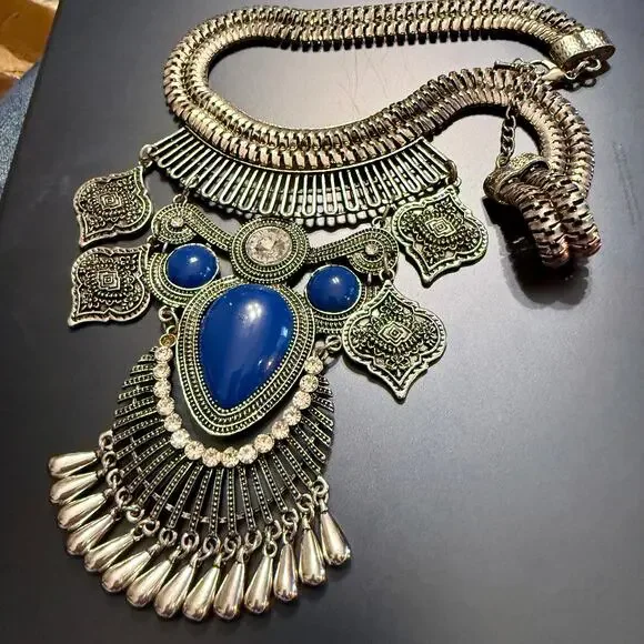 Statement Boho Ethnic Tribal Silver Tone Necklace - Picture 3 of 10